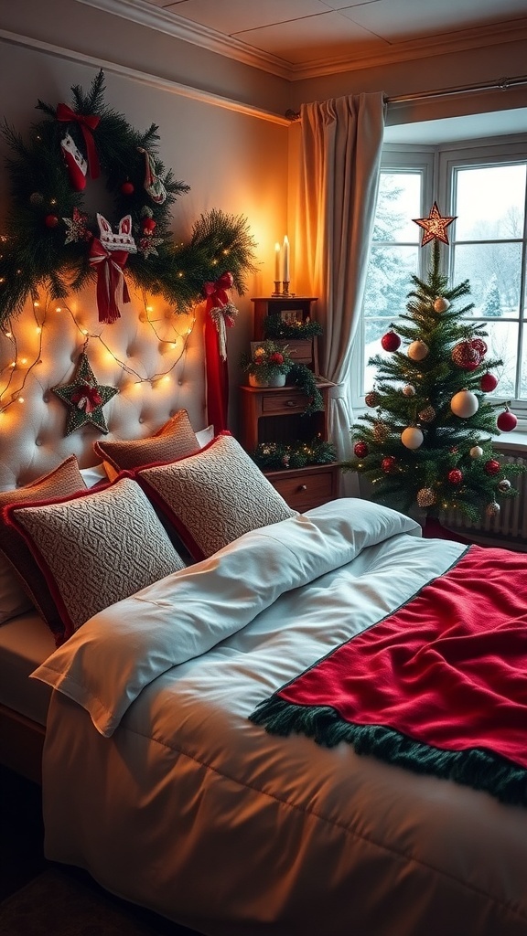 Cozy Christmas Bedroom Decor Ideas A cozy Christmas bedroom with festive decor, including blankets, lights, and a small tree.